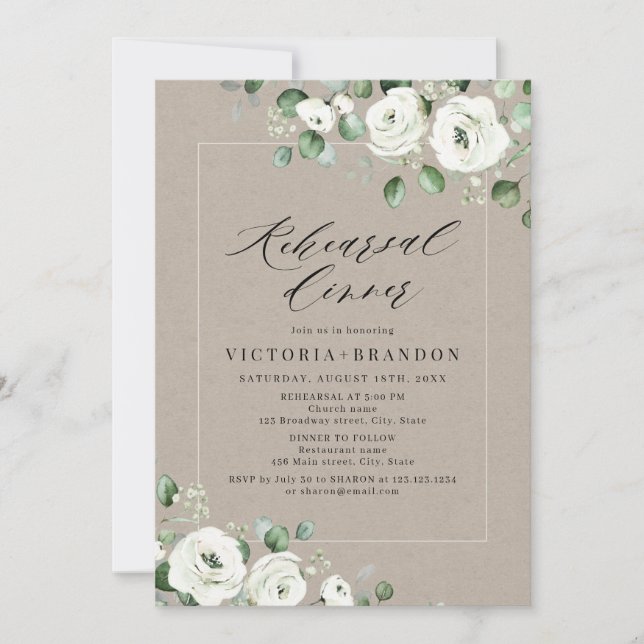 Eucalyptus greenery white floral rehearsal dinner invitation (Front)