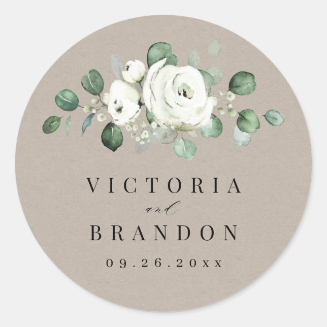 Eucalyptus Greenery white floral rustic monogram Classic Round Sticker (Front)