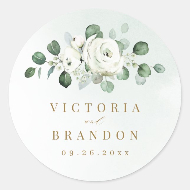 Eucalyptus Greenery white floral rustic monogram Classic Round Sticker (Front)