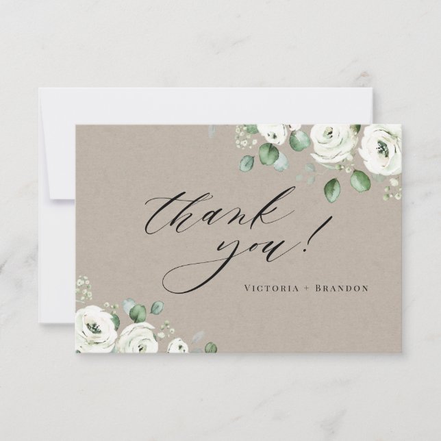 Eucalyptus greenery white floral rustic thank you card (Front)