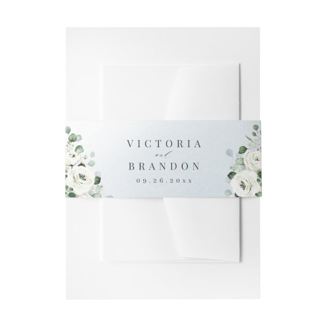 Eucalyptus Greenery white floral rustic wedding Invitation Belly Band (Front Example)