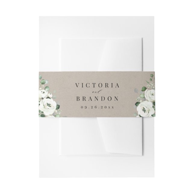 Eucalyptus Greenery white floral rustic wedding Invitation Belly Band (Front Example)