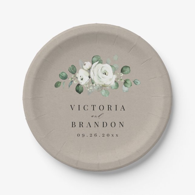 Eucalyptus Greenery white floral rustic wedding Paper Plate (Front)