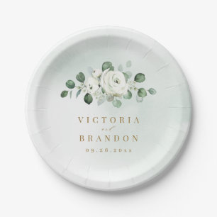 Eucalyptus Greenery white floral rustic wedding Paper Plate