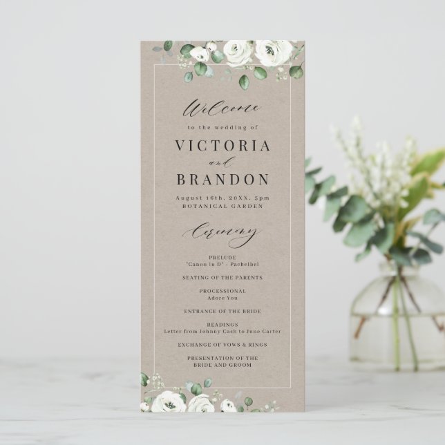 Eucalyptus Greenery white floral rustic wedding Programme (Standing Front)