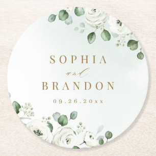 Eucalyptus Greenery white floral rustic wedding Round Paper Coaster