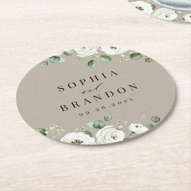 Eucalyptus Greenery white floral rustic wedding Round Paper Coaster (Angled)
