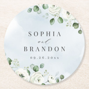 Eucalyptus Greenery white floral rustic wedding Round Paper Coaster