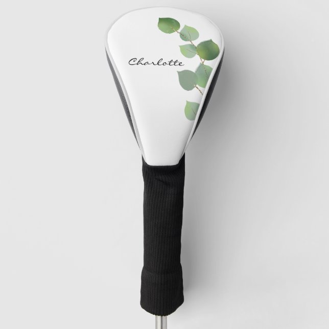 Eucalyptus greenery white name script golf head cover (Front)