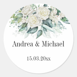 Eucalyptus greenery white roses personalised classic round sticker