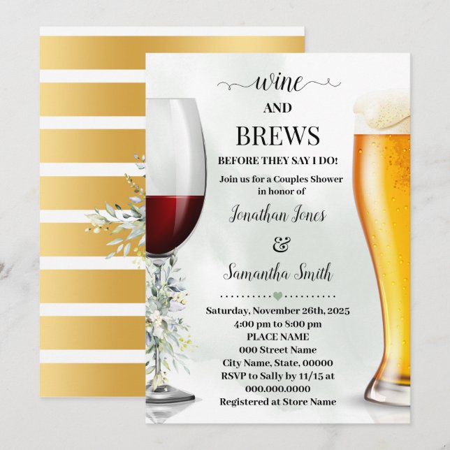 Eucalyptus Greenery Wine and Brews Couples Shower Invitation (Front/Back)