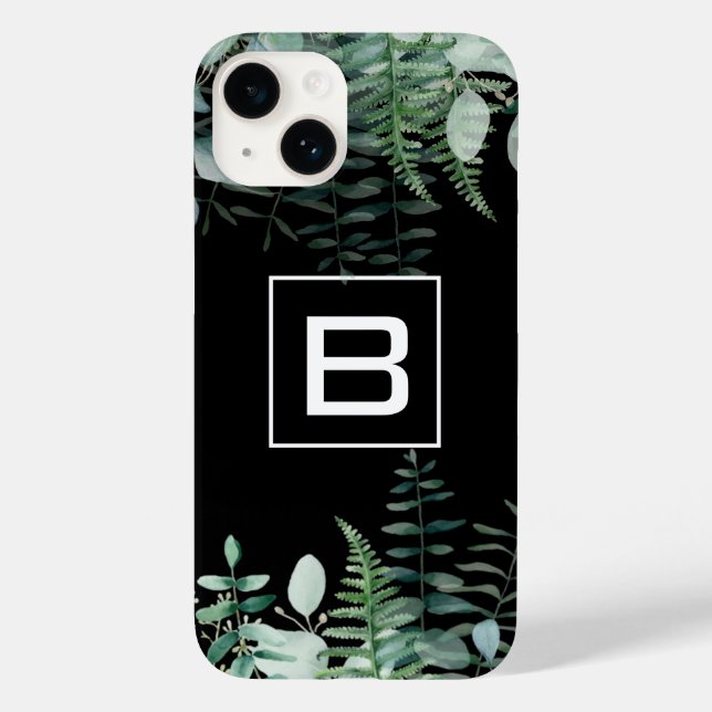 Eucalyptus greenery woodland ferns monogram black Case-Mate iPhone case (Back)