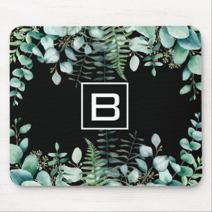 Eucalyptus greenery woodland ferns monogram black mouse mat