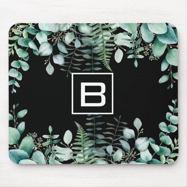 Eucalyptus greenery woodland ferns monogram black mouse mat (Front)