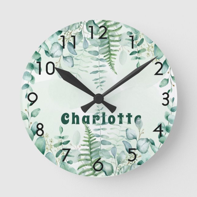 Eucalyptus greenery woodland forest name round clock (Front)