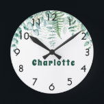 Eucalyptus greenery woodland forest name round clock<br><div class="desc">A white background. Decorated with eucalyptus greenery foliage and woodland fern. Personalise and add a name.</div>