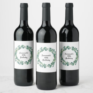 Eucalyptus greenery wreath birthday party wine label