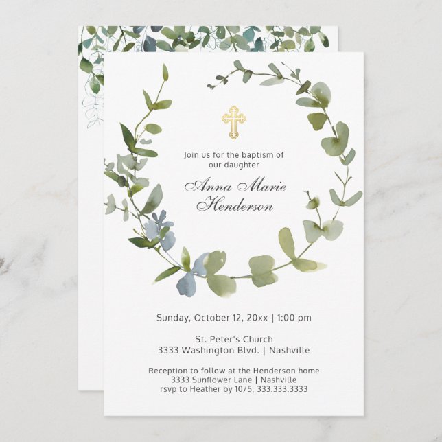 Eucalyptus Greenery Wreath Cross Baptism Invitation (Front/Back)