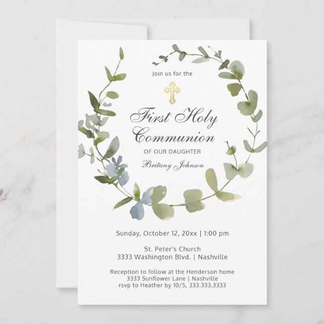 Eucalyptus Greenery Wreath Cross Holy Communion Invitation (Front)