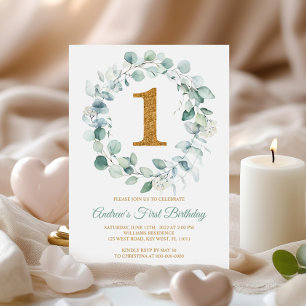 Eucalyptus Greenery Wreath First Birthday Invitation