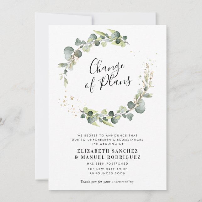 eucalyptus greenery wreath postponed wedding card (Front)