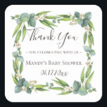 Eucalyptus Greenery Wreath Thank You Square Sticker<br><div class="desc">Watercolor silver dollar and flowering eucalyptus foliage wreath thank you sticker.</div>