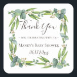 Eucalyptus Greenery Wreath Thank You Square Sticker<br><div class="desc">Watercolor silver dollar and flowering eucalyptus foliage wreath thank you sticker.</div>