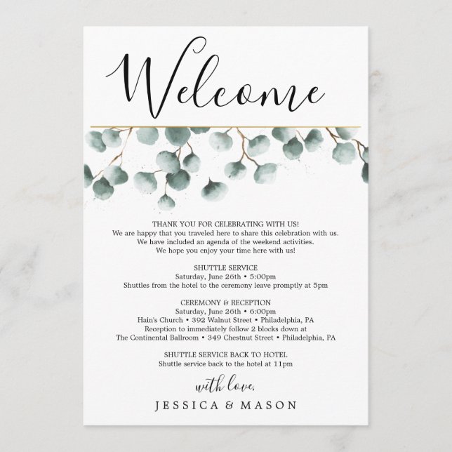 Eucalyptus Greens Wedding Welcome Itinerary Letter Programme (Front)
