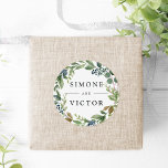 Eucalyptus Grove | Botanical Wreath Wedding Classic Round Sticker<br><div class="desc">Seal your invitation envelopes or favours with these elegant botanical wedding stickers featuring your names framed by a watercolor wreath of green eucalyptus foliage,  leaves and tiny navy blue buds on a white background. Coordinates with our Eucalyptus Grove wedding collection.</div>