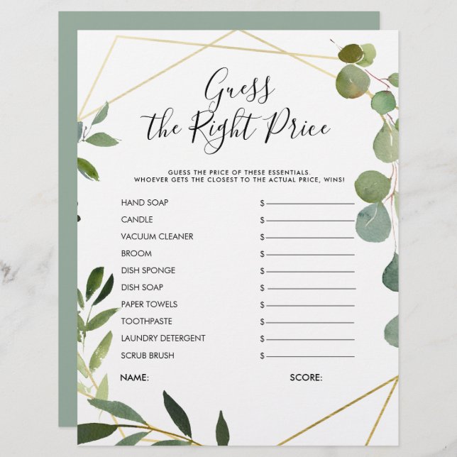 Eucalyptus Guess Right Price Bridal Shower Game (Front/Back)