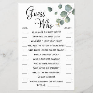 Eucalyptus Guess Who Bridal shower game card