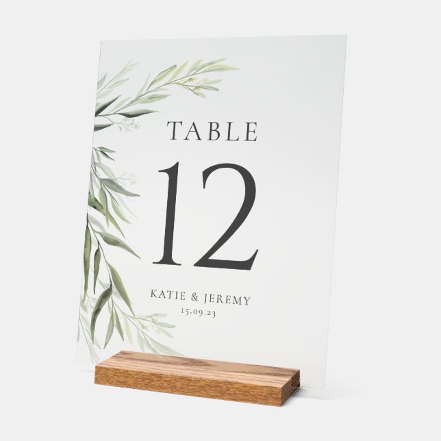 Eucalyptus Gum Leaves Greenery Table Number Acrylic Sign (Angle)