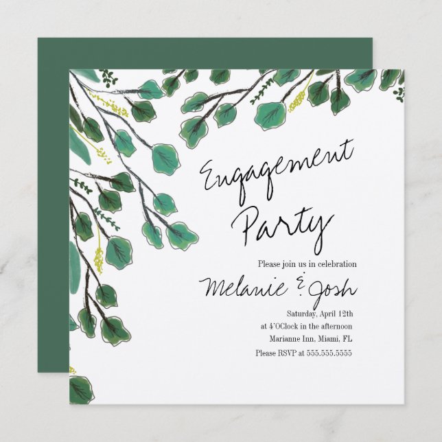 Eucalyptus Hand Drawn Leaf Script Engagement Party Invitation (Front/Back)