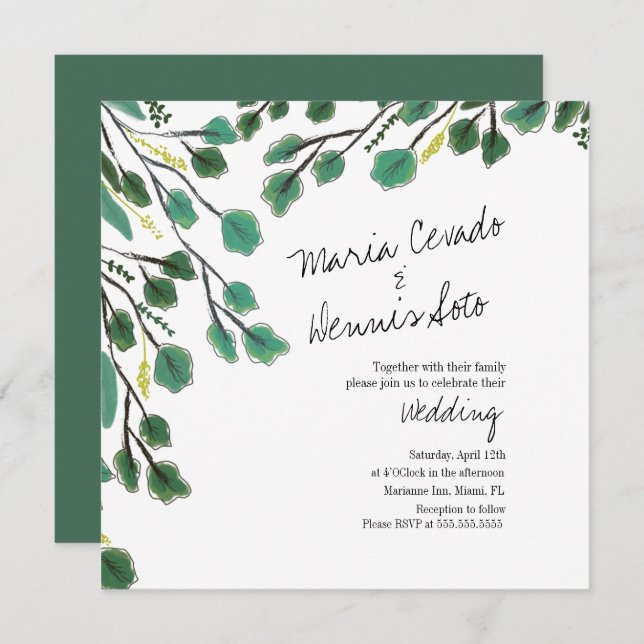 Eucalyptus Hand Drawn Leaf Script Wedding Invitation (Front/Back)