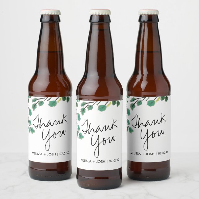 Eucalyptus Hand Drawn Leaf Thank You    Beer Bottle Label (Bottles)