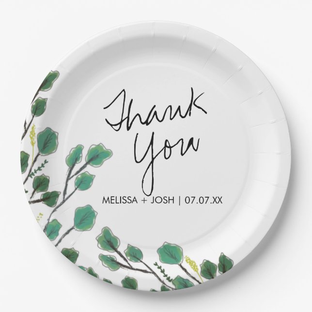Eucalyptus Hand Drawn Leaf Thank You  Paper Plate (Front)