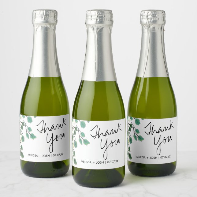Eucalyptus Hand Drawn Leaf Thank You     Sparkling Wine Label (Bottles)