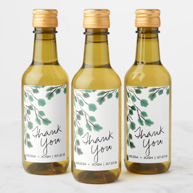 Eucalyptus Hand Drawn Leaf Thank You      Wine Label (Bottles)