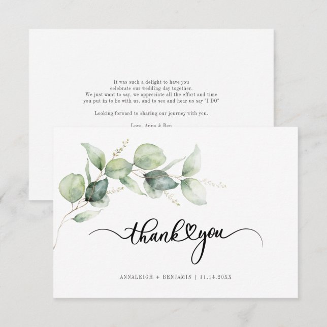 Eucalyptus Hand-Lettered Wedding Thank You Card (Front/Back)
