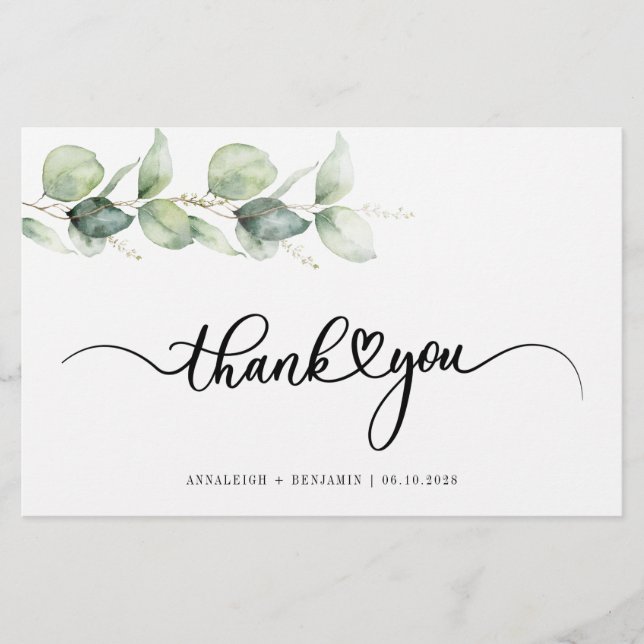Eucalyptus Hand-Lettered Wedding Thank You Stationery (Front)