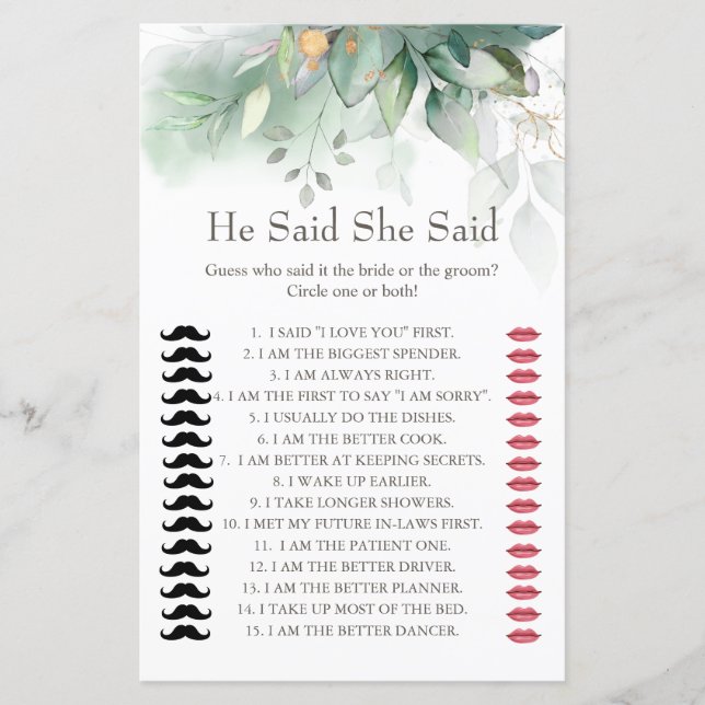 Eucalyptus He Said She Said Bridal Shower Game (Front)