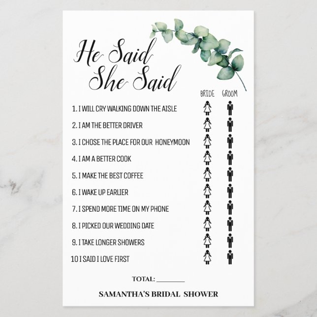 Eucalyptus He said She said Shower game card (Front)