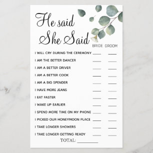 Eucalyptus He said She Said shower game card