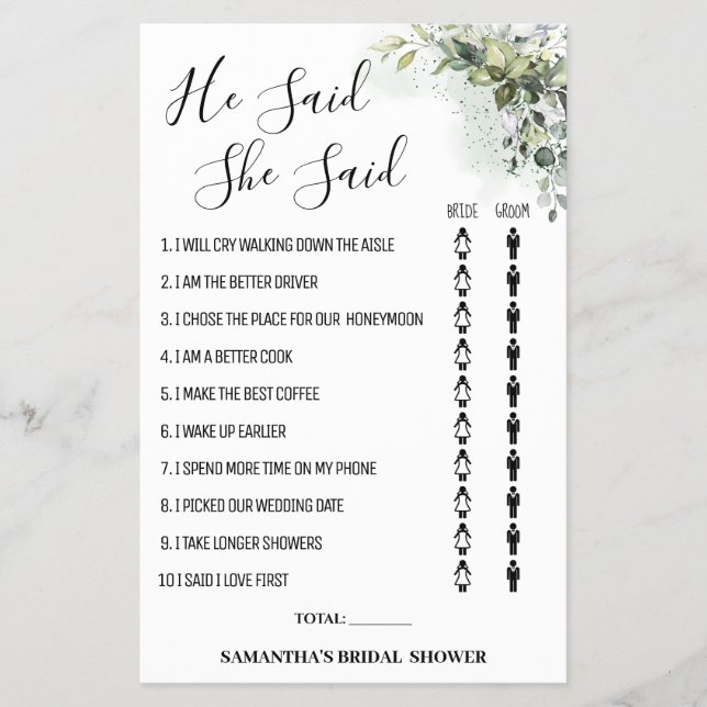 Eucalyptus He said She said Shower game card (Front)