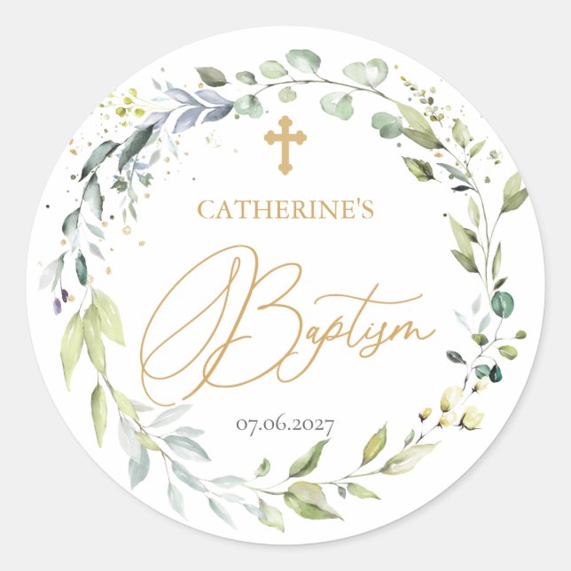 Eucalyptus Herbal Cross Baby Baptism  Classic Round Sticker (Front)
