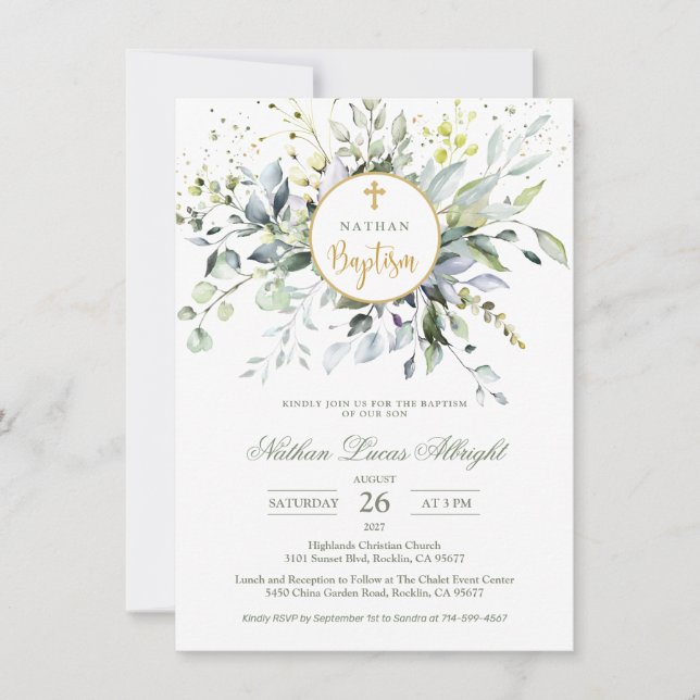 Eucalyptus Herbal Cross Baby Baptism Invitation (Front)