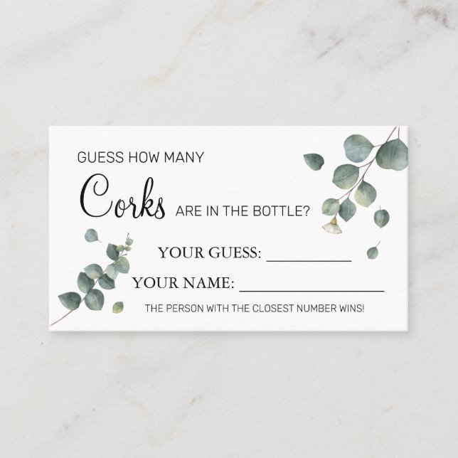 Eucalyptus How many Corks Bridal Shower card game (Front)