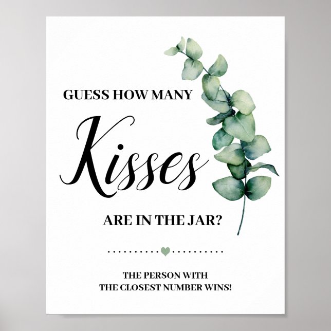 Eucalyptus How Many Kisses Bridal Shower Game Sign (Front)