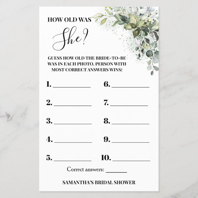 Eucalyptus How old was She Bridal Shower Game Card (Front)