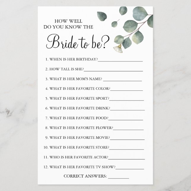 Eucalyptus How well do you know bride game card (Front)